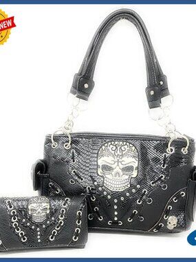 Metal Skull Rhinestone Shoulder Bag with Wallet Set, Crossbody Purse